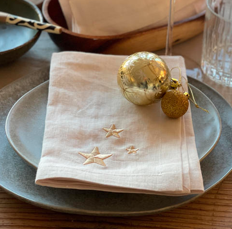 Star Embroidered Linen Napkin in Natural - Set of 4 Main Image